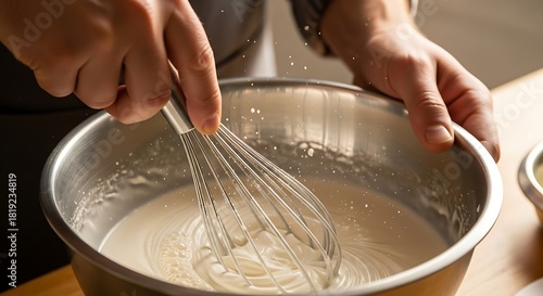 Chef hand stirring batter inside steel mixing bowl at kitchen table
