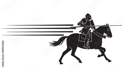 Dramatic silhouette of knight riding horse with lance ready for jousting competition, powerful medieval warrior charging forward, history and fantasy concept, bravery and strength