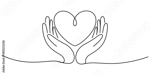 Hands holding heart continuous line art drawing minimalist design.