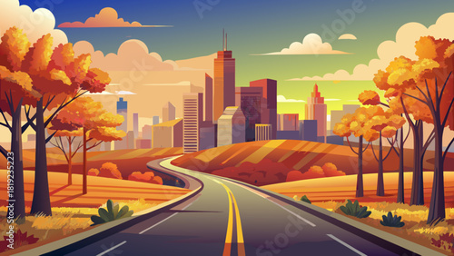Very beautiful scenic autumn route leading toward Oklahoma City, showcasing a warm sunset sky, vibrant seasonal foliage, and the modern skyline glowing softly in the golden evening light.