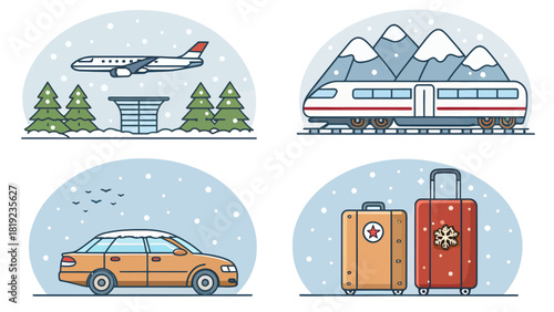 Winter travel scene featuring airplane, train, car and luggage ready for a vacation getaway adventure