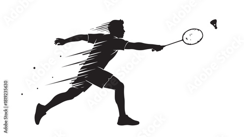 Dynamic badminton player in action silhouette with speed lines, perfect for sports branding, fitness campaigns, and athletic designs, conveying energy, power, and competitive spirit