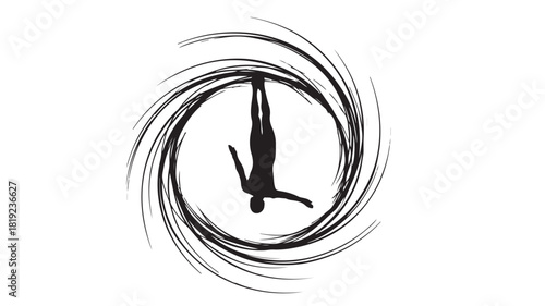 Dynamic silhouette of a diver poised for a breathtaking plunge framed by swirling energy, capturing the thrill and freedom of aquatic sports, perfect for fitness and wellness brands