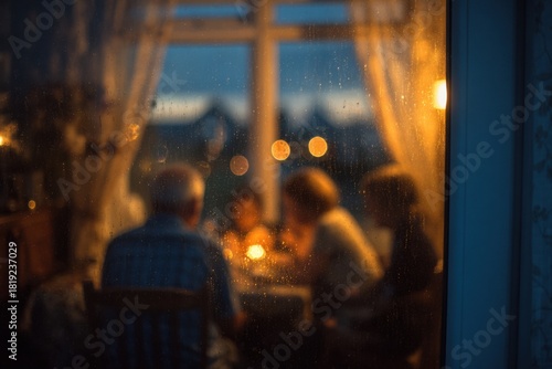 Family gathered at dinner table seen through window