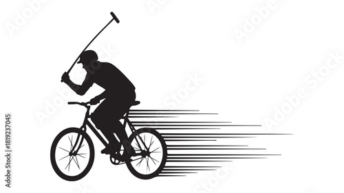 Dynamic silhouette of a cyclist playing polo, showcasing speed and skill, perfect for sports themed designs and athletic brands seeking a bold, modern, and minimalist aesthetic