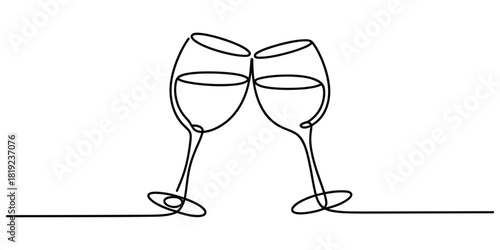 Continuous line art of two elegant wine glasses clinking in a toast