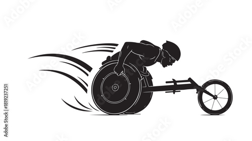 Dynamic silhouette of determined athlete racing in wheelchair, embodying strength, speed, and overcoming challenges, ideal for sports marketing and inspirational campaigns