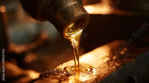 Close-up of golden liquid pouring from a spout, creating ripples on a surface, highlighting the viscous texture and warm tones of the substance.