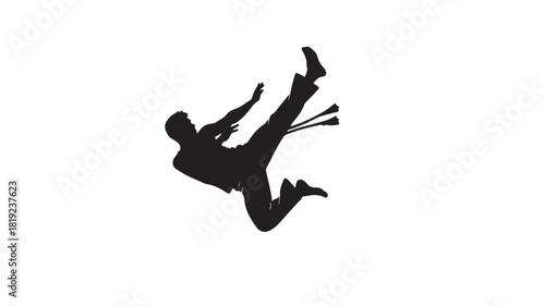Dynamic silhouette of capoeira dancer mid air, powerful Brazilian martial arts movement, promoting fitness and cultural heritage, inspiring energy and passion, embodying strength and agility