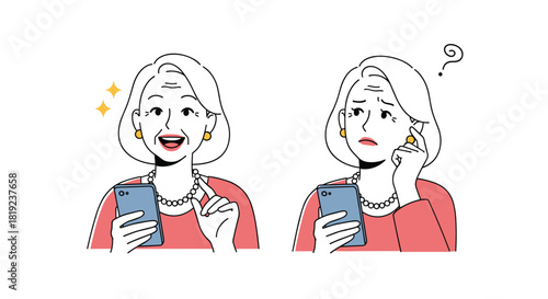 Woman with smartphone shows two contrasting emotions, happiness and confusion.