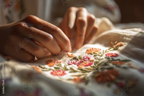 Hands embroidering intricate floral patterns