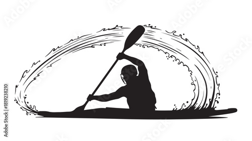 Dynamic silhouette of kayaker paddling through turbulent water, embodying adventure and strength, perfect for outdoor recreation and sports themes, inspiring determination and resilience