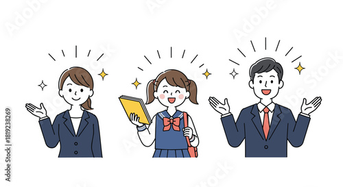 Three diverse people in professional and school attire smiling and looking enthusiastic with sparkling highlights.