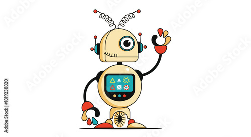 Friendly cartoon robot waving hello with colorful icons on its chest screen.