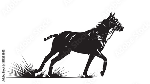 Dynamic black silhouette of a racehorse galloping energetically, ideal for equestrian themes or graphic designs, perfect for logo creation and sports branding with a powerful feel