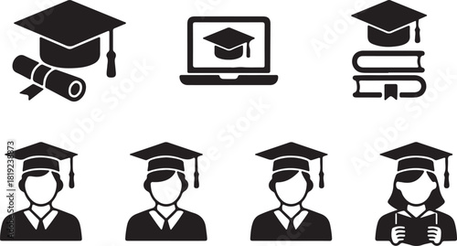 Graduation mortarboard and diploma icons display educational achievement along with scholarly male and female figures