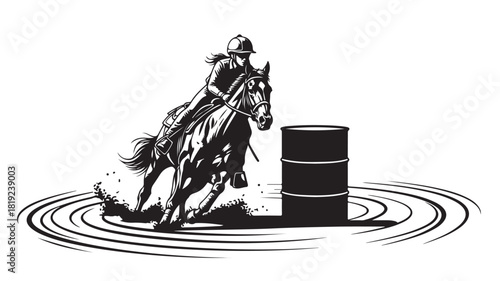 Dynamic barrel racing action with a skilled cowgirl and powerful horse, perfect for western themes, rodeo events, and equestrian sports with a classic black and white style