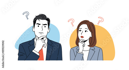 Man and woman in suits pondering with question marks above their heads.