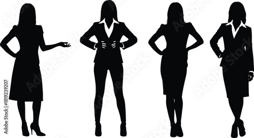 Set of business women silhouettes, corporate female figures, vector collection, standing poses in suits, office manager, professional team, isolated illustration.