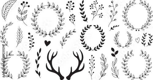 Handdrawn wreaths, branches, berries, a heart, and antlers are scattered across a transparent background