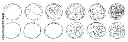 Messy round scribble circle. Charcoal pen round ovals. Hand drawn doodle grunge circle highlights. Ellipses pencil doodle style set. 