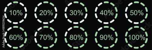 Percentage infographics minimal elements. Round diagrams icons for infographics from 0 to 100 percent. divided pie charts indicator layout. Circle graph loading progress mockup Round pie chart templat