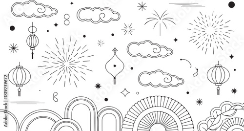 Lanterns, clouds, fireworks, and archway structures create a festive linear pattern for a backdrop