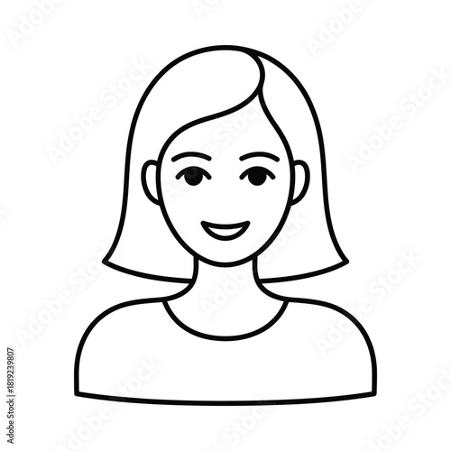 Simple line drawing of a smiling woman s head and shoulders