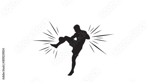 Dynamic silhouette of Muay Thai fighter executing a powerful kick, conveying strength and determination, perfect for fitness, martial arts, or sports brands seeking a striking visual