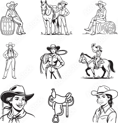 Line drawings show nine Caucasian cowgirls, horse, and saddle scenes in various western settings