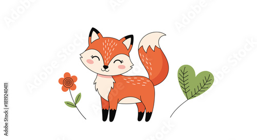 Cute cartoon fox with a flower and green leaf, perfect for children's illustrations.