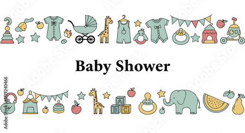 Cute baby shower illustration with colorful icons and text.