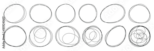 Messy round scribble circle. Charcoal pen round ovals. Hand drawn doodle grunge circle highlights. Ellipses pencil doodle style set. 