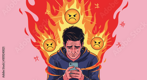 Man overwhelmed by anger and stress while looking at his phone with fiery flames and angry emojis surrounding him.