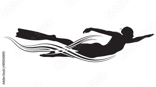 Dynamic silhouette of a freediver exploring underwater currents, symbolizing freedom and adventure, perfect for ocean conservation or extreme sports themes, sleek modern design