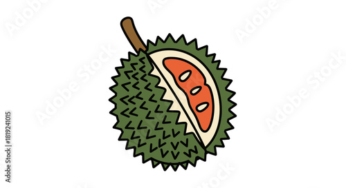 A stylized illustration of a durian fruit cut in half.