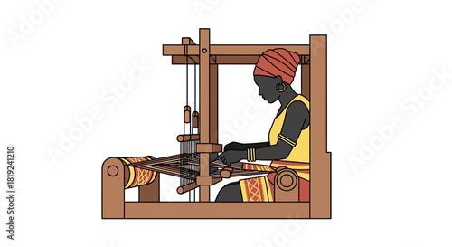 African woman weaving fabric on a traditional loom.