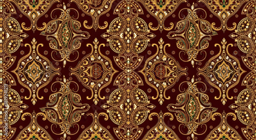 Classic luxury seamless paisley pattern with floral elements in brown, gold and green colors