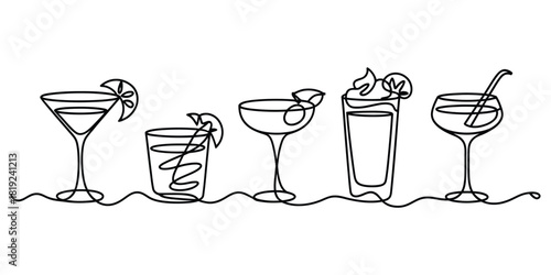 Continuous line art drawing of various cocktail glasses and drinks