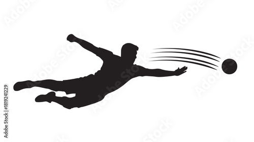 Dynamic goalkeeper silhouette soaring for the save, powerful action shot ideal for sports marketing, team spirit visuals, and athletic achievement campaigns, symbolizing agility and determination