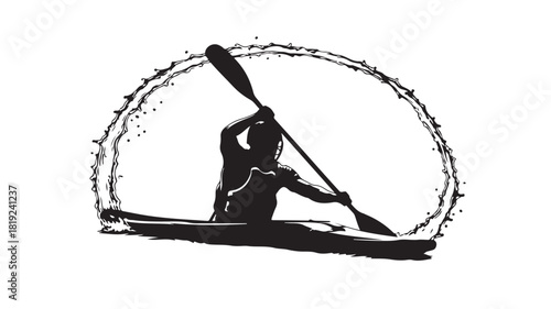 Dynamic silhouette of kayaker paddling through water, perfect for outdoor adventure brands and sports promotions, embodying strength and determination, capturing the thrill of kayaking
