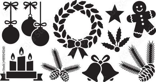 Silhouette of festive Christmas elements depicts ornaments, a wreath, a gingerbread man, and more are on display