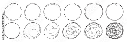 Pencil hand drawn crayon outline ovals or ellipses set. Highlight oval rough sketch circle emphasis elements. Vector marker circular lines. Messy circular vector image. Abstract scribble Round Line.
