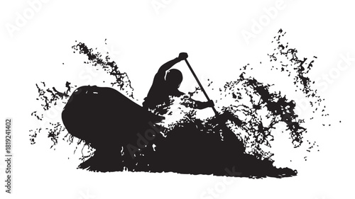 Thrilling kayaking adventure in dynamic black and white, feel the rush of whitewater sports, perfect for adrenaline pumping campaigns, capture the spirit of exploration and outdoor challenge