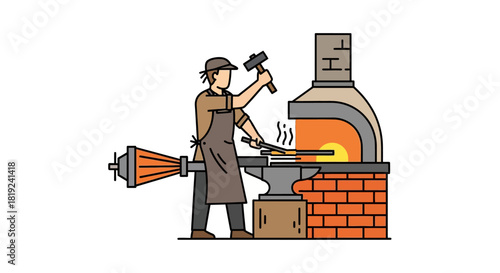 Blacksmith at Work - Forging Metal with Hammer and Furnace.