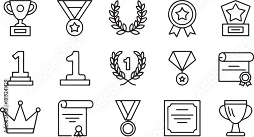 Outlined set of award icons featuring trophy, medal, diploma, laurel, and crown are displayed