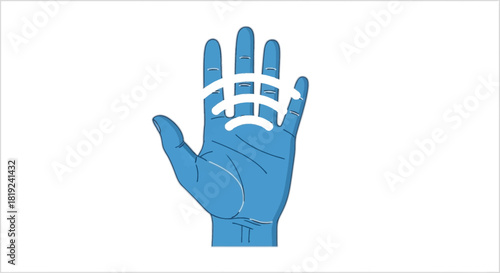 Blue human hand with white lines representing a digital or biometric scan.
