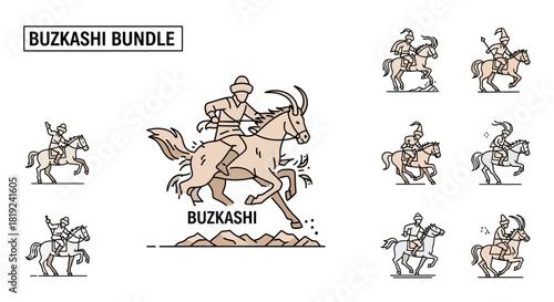 Buzkashi Game Horseback Riders and Goat Carcass Illustration.