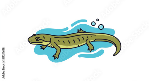 Cartoon illustration of a green newt swimming in blue water with bubbles.