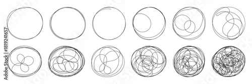 Abstract messy scribble circle. Oval highlight by pen, marker, brush, crayon, pencil. Hand drawn scribble. Circular doodle sketch scribbles round. Doodle Swirl Circle Set Line Art Collection